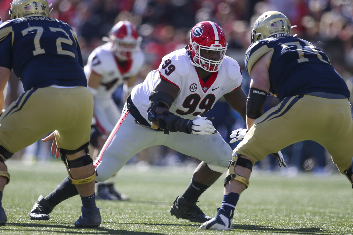 Nov 27, 2021; Atlanta, Georgia, USA; Georgia Bulldogs defensive lineman Jordan Davis (99) in action against the Georgia Tech Yellow Jackets in the second quarter at Bobby Dodd Stadium. Mandatory Credit: Brett Davis-USA TODAY Sports